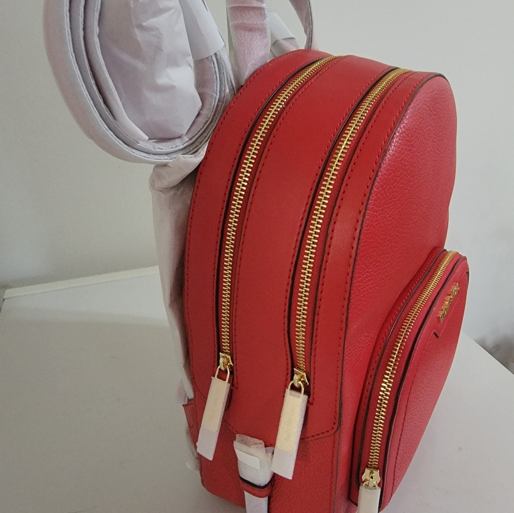 NWT Micheal kors Jaycee bright red MD ZIP PKT Leather backpack - Picture 9 of 9